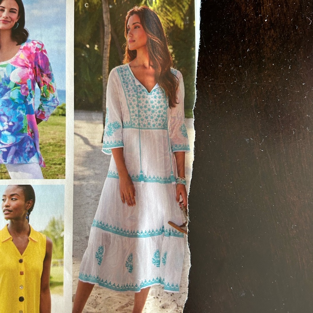Soft Surroundings dress and embroidery 100% cotton with 100% polyester lining.